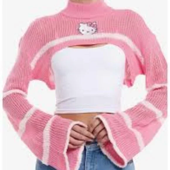 Hello Kitty Stripe Bolero Crop Shrug Hot Topic Women Pink and White SM - Picture 1 of 7
